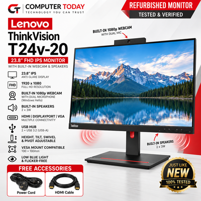 Lenovo ThinkVision T24v-20 23.8" FHD IPS Monitor | 1080p Webcam | Speakers | HDMI DP VGA | Just Like New