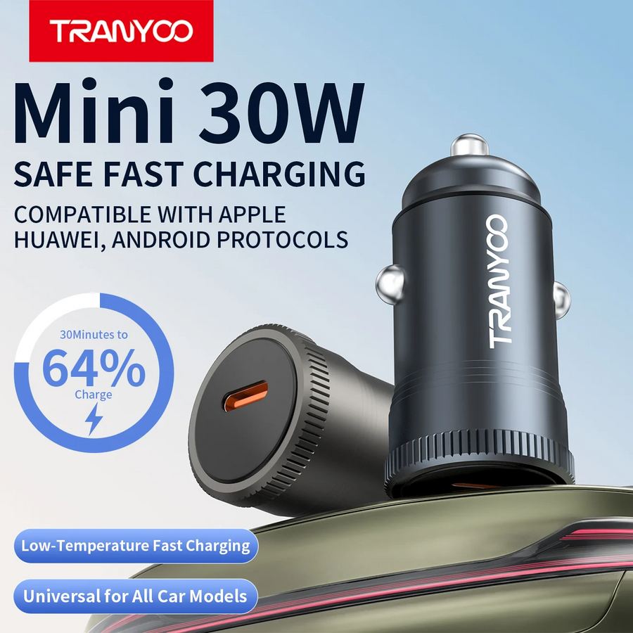 Mini 30W USB-C Car Charger PD Fast Charging | Type-C Car Adapter for iPhone Samsung Huawei Android