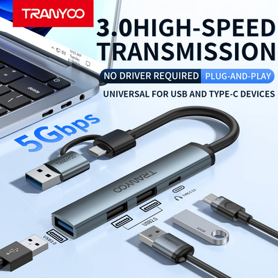 TRANYOO 4-Port USB 3.0 Hub 5Gbps | USB-A & USB-C Dual Connector Multiport Hub for Laptop PC