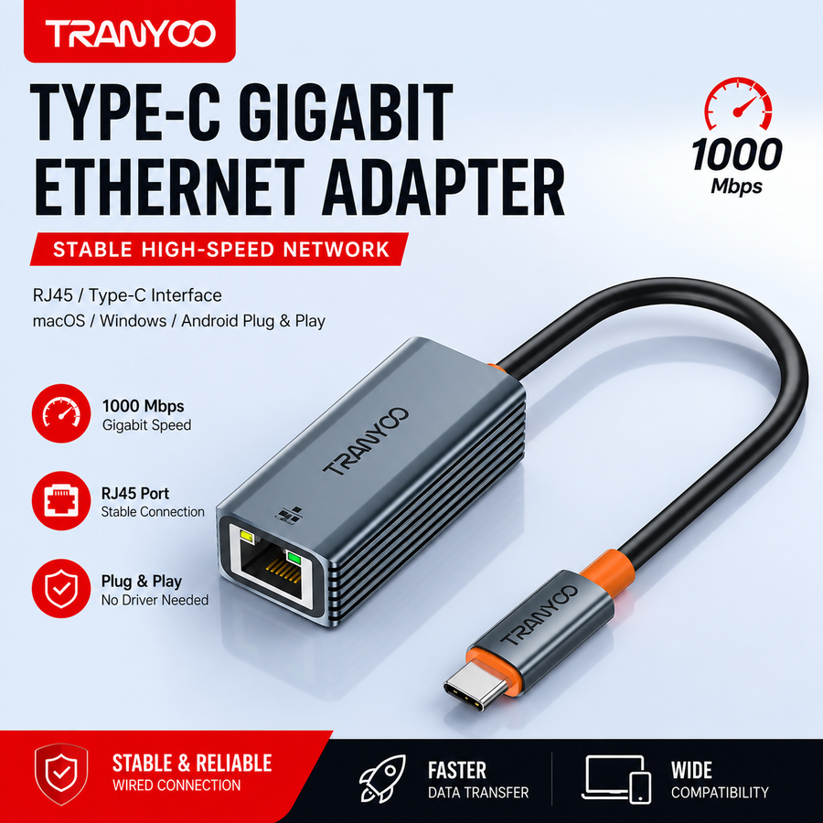 TRANYOO USB-C to Gigabit Ethernet Adapter 1000Mbps