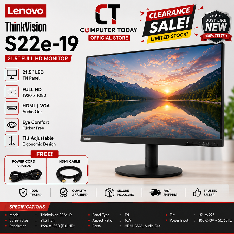 Lenovo ThinkVision S22e-19 21.5" FHD VA Monitor | HDMI VGA | 60Hz | Refurbished Monitor