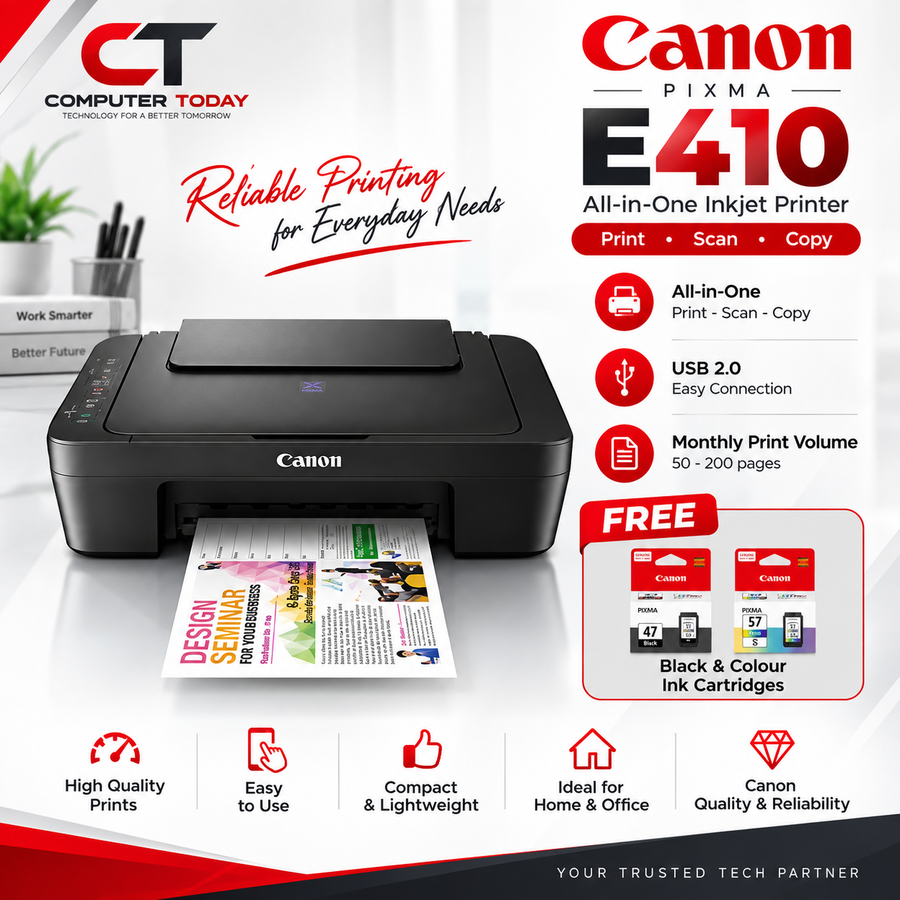 Canon PIXMA E410 All-in-One Inkjet Printer | Print Scan Copy | USB | Free Black & Colour Ink Cartridges