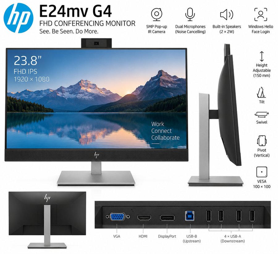 HP E24mv G4 23.8" FHD IPS Conferencing Monitor | 5MP IR Webcam | Microphone Speakers | HDMI DP | Refurbished