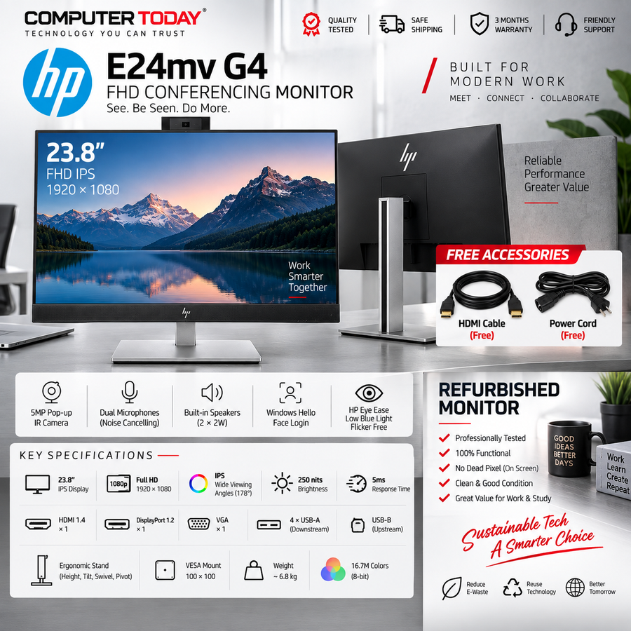 HP E24mv G4 23.8" FHD IPS Conferencing Monitor | 5MP IR Webcam | Microphone Speakers | HDMI DP | Refurbished