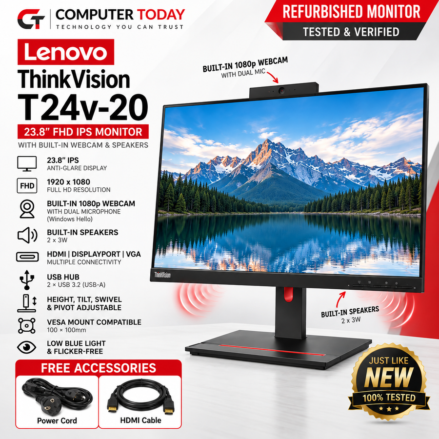 Lenovo ThinkVision T24v-20 23.8" FHD IPS Monitor | 1080p Webcam | Speakers | HDMI DP VGA | Just Like New