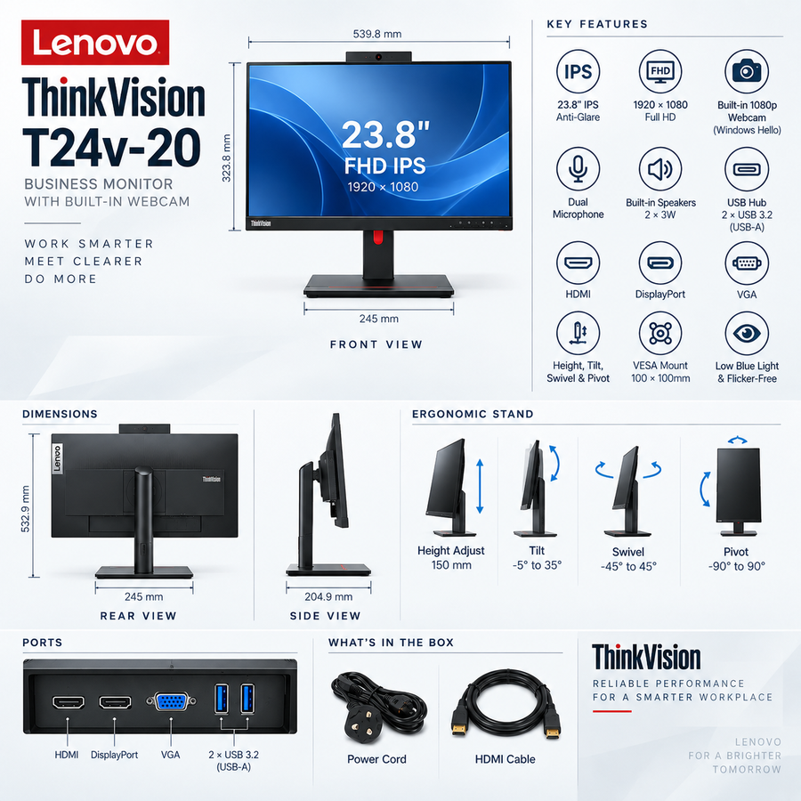 Lenovo ThinkVision T24v-20 23.8" FHD IPS Monitor | 1080p Webcam | Speakers | HDMI DP VGA | Just Like New