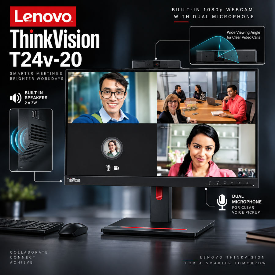 Lenovo ThinkVision T24v-20 23.8" FHD IPS Monitor | 1080p Webcam | Speakers | HDMI DP VGA | Just Like New