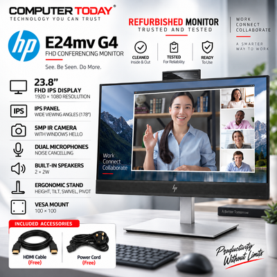 HP E24mv G4 23.8" FHD IPS Conferencing Monitor | 5MP IR Webcam | Microphone Speakers | HDMI DP | Refurbished