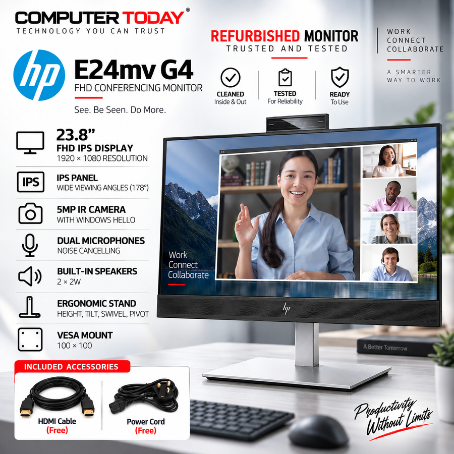 HP E24mv G4 23.8" FHD IPS Conferencing Monitor | 5MP IR Webcam | Microphone Speakers | HDMI DP | Refurbished