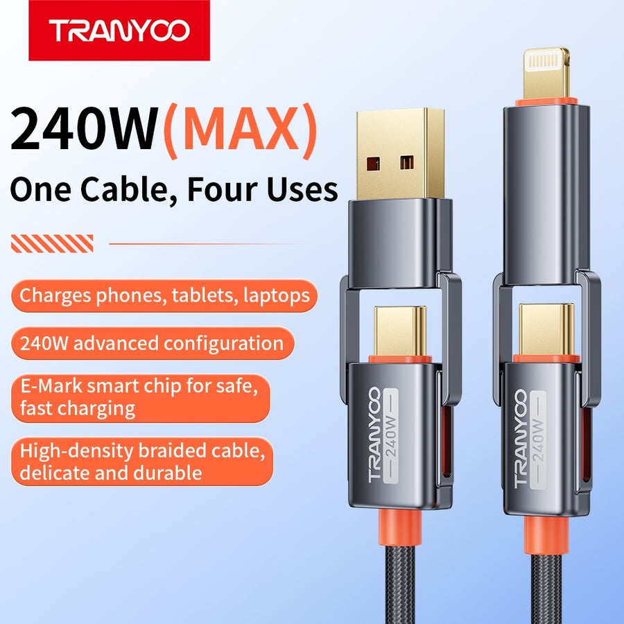 240W 4-in-1 Fast Charging Cable | Type-C USB Lightning Multi Charging Cable | PD E-Marker-Tranyoo