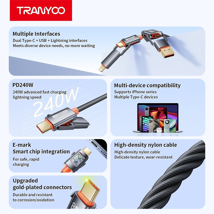 240W 4-in-1 Fast Charging Cable | Type-C USB Lightning Multi Charging Cable | PD E-Marker-Tranyoo